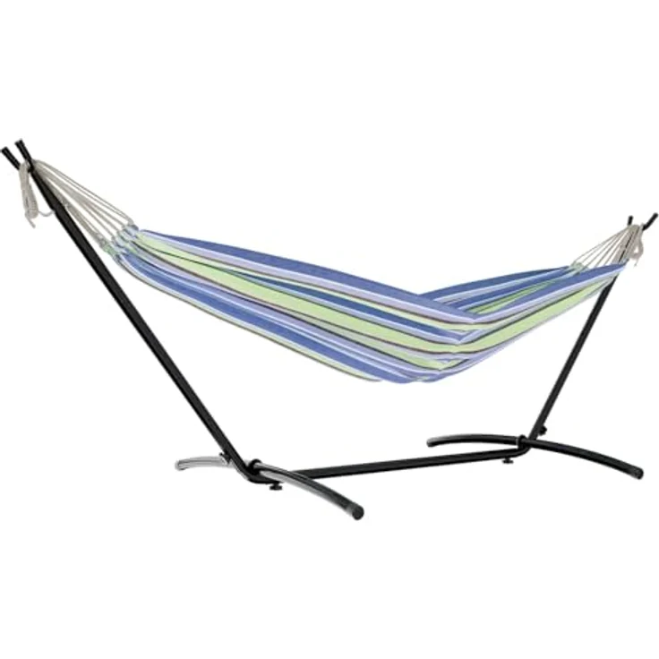 GARMIO Hängematte mit Stahlgestell, 200kg Belastbarkeit, klappbar, Blau-Grün, 270x110x105cm, inkl. Zubehör & Tragetasche, pflegeleicht – Bild 5