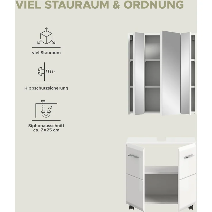 xonox. home – Badkombination Ice auf Rollen 60x185x30 cm in weiß Hochglanz – 2-teiliges Set inkl. Waschbeckenunterschrank auf Rollen & Spiegelschrank – Flexibel, modern & ideal für kompakte Badezimmer – Bild 7
