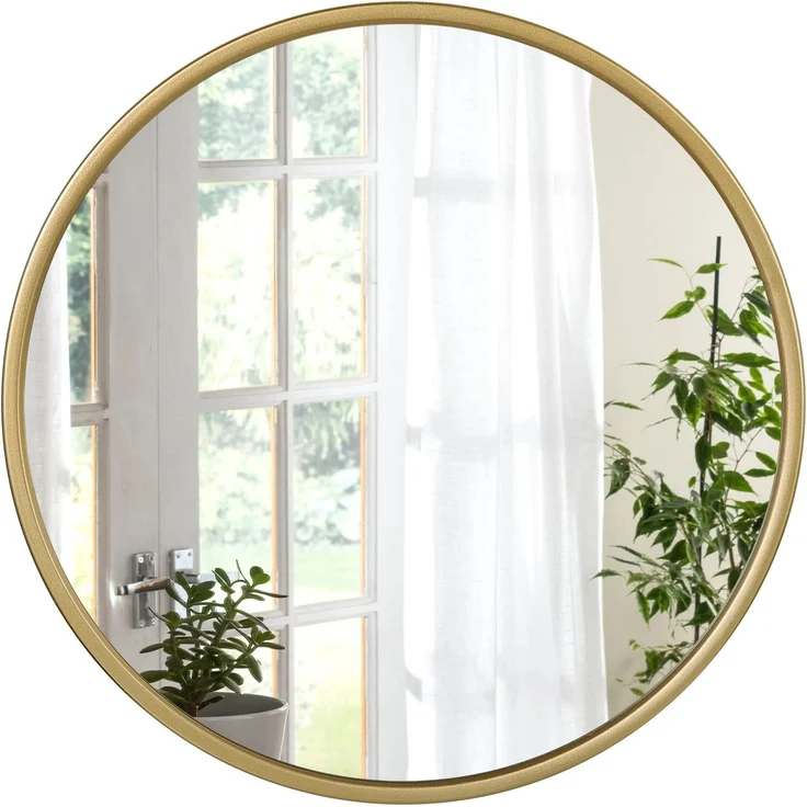 WOLTU runder Wandspiegel 60 cm, Spiegel rund mit Goldrahmen, moderner Hängespiegel für Badezimmer Schlafzimmer Wohnzimmer Flur, dekorativer Schminkspiegel aus Glas Metall MDF Haken
