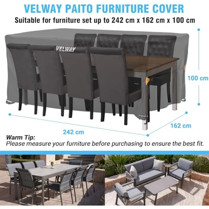 Velway Abdeckung für Gartenmöbel Wasserdicht - 242 x 162 x 100 cm Rechteckig Schutzhülle Winddicht Loungemöbel Abdeckung Abdeckhauben für Gartentische Sitzgruppe Terrassenmöbel Schwarz – Bild 7