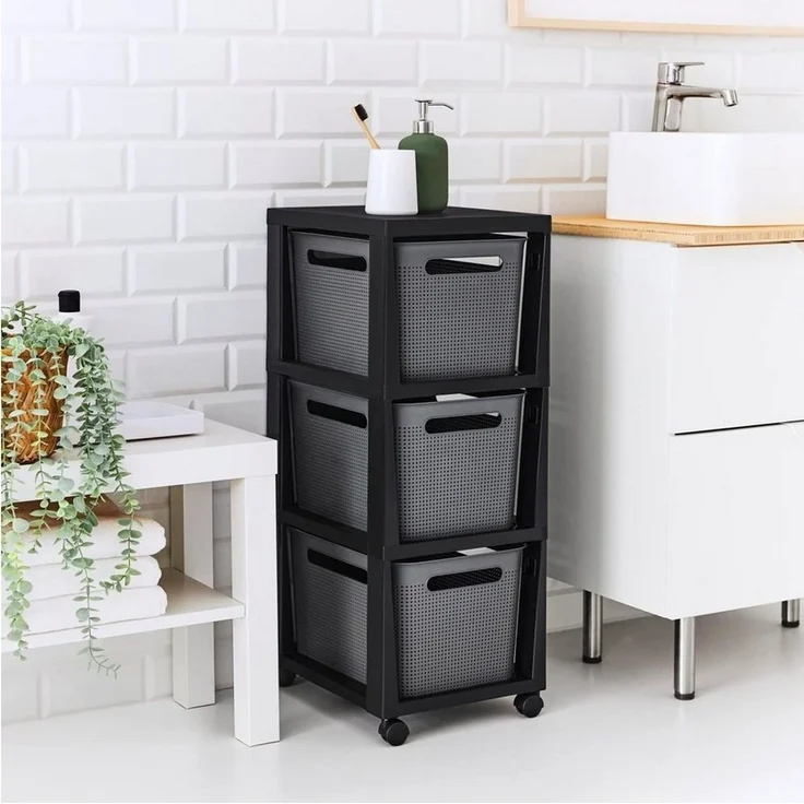 Rotho Brisen Rollcontainer auf Rädern mit 3 Aufbewahrungskörben 3x 16L Schubladen Schubladen-Box Lochmuster-Optik Aufbewahrungsbox aus Kunststoff 36,6 x 29,6 x 77 cm (Anthrazit) – Bild 3