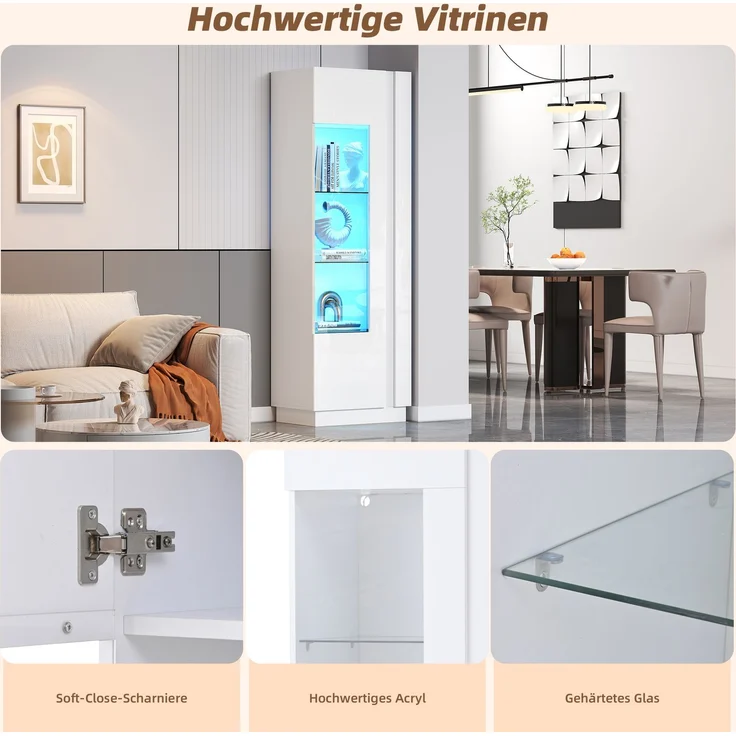 60*40*180cm Schrank,Vitrine ausSchranktür aus Acryl,Vitrine Hochglanz Lagerschrank mit LED-Beleuchtung, 3 Glasboden ,Highboard, Aufbewahrungsschrank, Hochschrank, Sofaschrank,Weiß – Bild 5