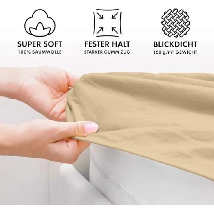 Jacobson Jersey Spannbettlaken Spannbetttuch Baumwolle Bettlaken (XL Topper 180-200x220 cm, Beige) – Bild 3