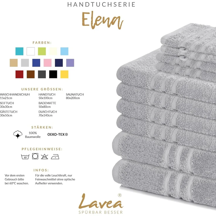 Lavea 2er Set Duschtuch 70x140 cm, Frottierserie Elena, Silber – Bild 3