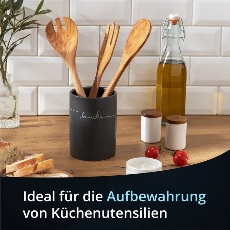 KHG Utensilienhalter Küche Keramik Steingut poliert, Küchen Utensilienhalter Anthrazit Grau mit Beschriftung, Kapazität für ca. 8 Küchenhelfern, Küchen Halter rund Höhe 14 cm & 10,5 cm