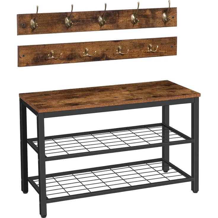 HOOBRO Garderobe Schuhregal Set, Schuhbank mit Sitzfläche, Garderobenständer, Wandgarderobe mit 9 Haken, Flurgarderobe, für Flur, Eingangsbereich, Industrielles, Dunkelbraun-Schwarz EBF07MT01 – Bild 1