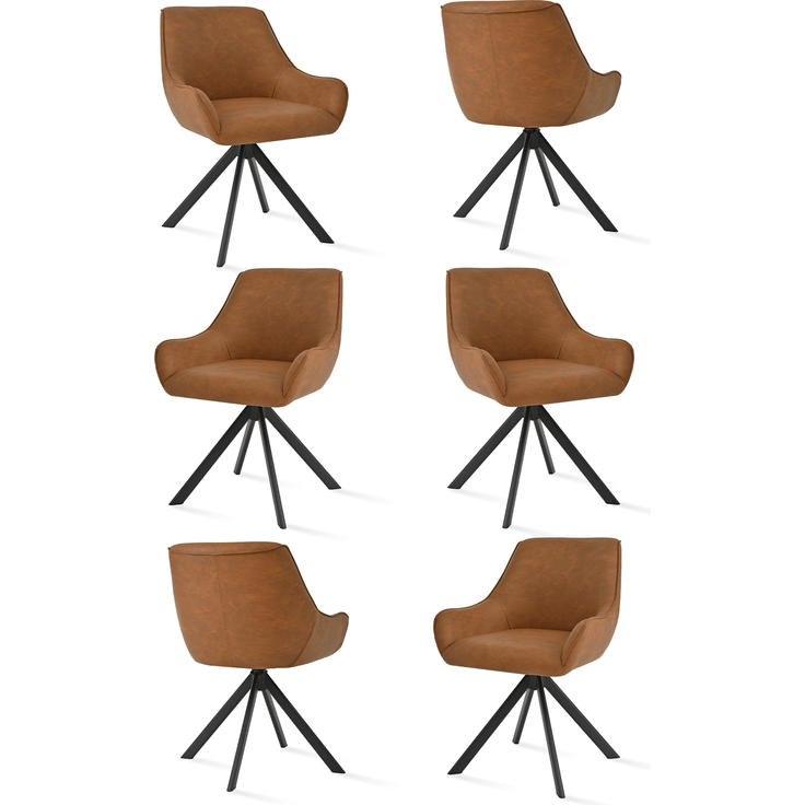 GOEURVANT 1178 Esszimmerstühle 6er-Set mit Armlehnen, 360° Drehbar, Kunstleder - Braun