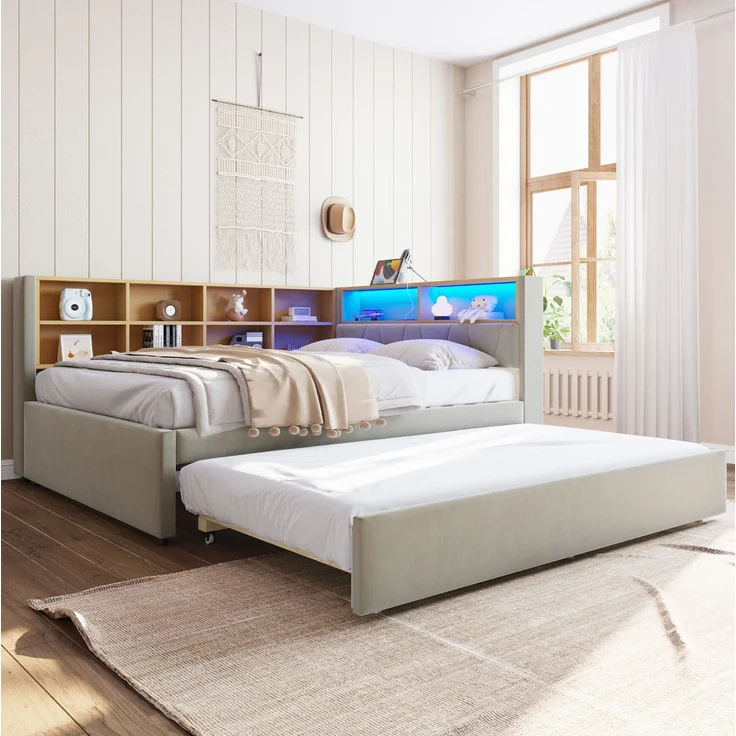 Multifunktionales Schlafsofa 140x200 cm mit Ausziehbett, LED-Leuchten, USB & Typ-C Ladeanschluss, Stauraum,Hellgrau – Bild 2