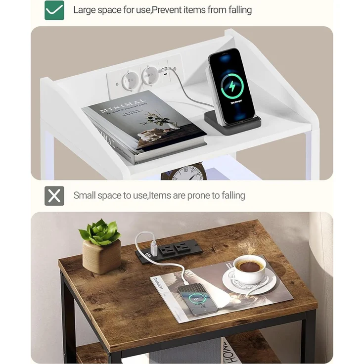 Nachttisch 2er Set, mit LED-Leuchten und Ladestation, Beistelltisch mit 2 Stoff-Schubladen und Regalen, mit USB-Anschlüssen & Steckdosen, für Schlafzimmer, Wohnzimmer, Weiß – Bild 7