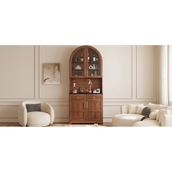 Sideboard 80 x 40 x 180 cm in Nussbaum mit Glasvitrine, Arbeitsfläche und LED-Beleuchtung – Bild 6