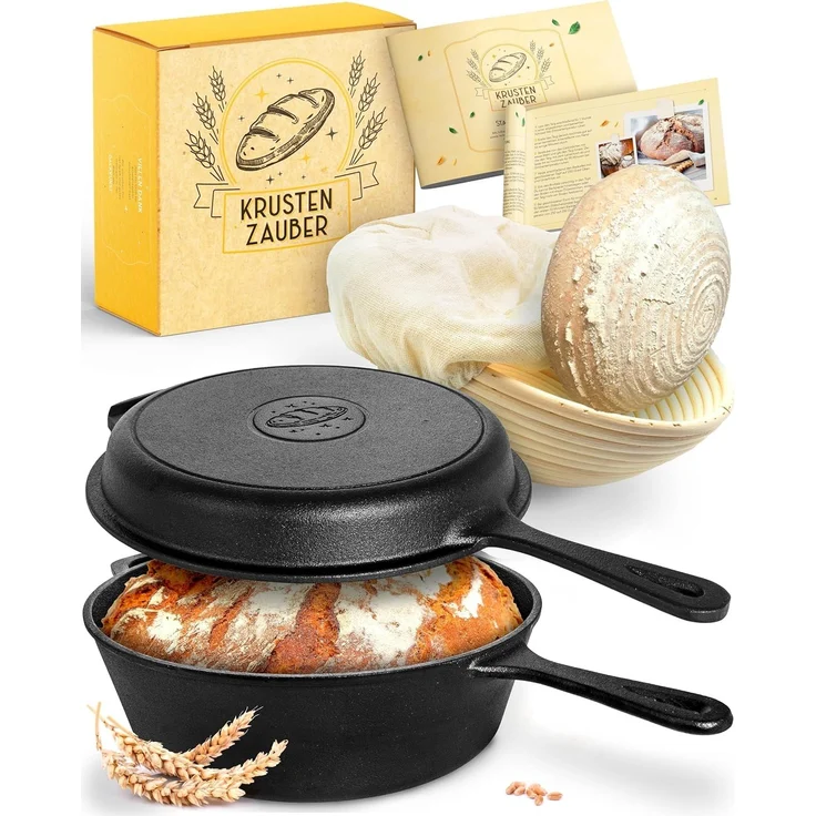 Krustenzauber Brotbackform 26cm Gusseisen Topf Brot Backen inkl. Gärkorb, (Robuster Brottopf mit Deckel - Idealer Brotbacktopf), Brotbackset Gusseisentopf Brotbacken, Brot Backen Zubehör, Brotform – Bild 1