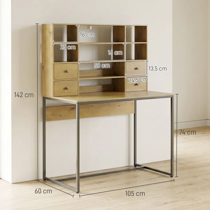 Computerschreibtisch mit 4 Schubladen, 105 x 60 cm, Schreibtisch mit Stauraum, offene Regale, 105 x 60 cm, Naturholz – Bild 5