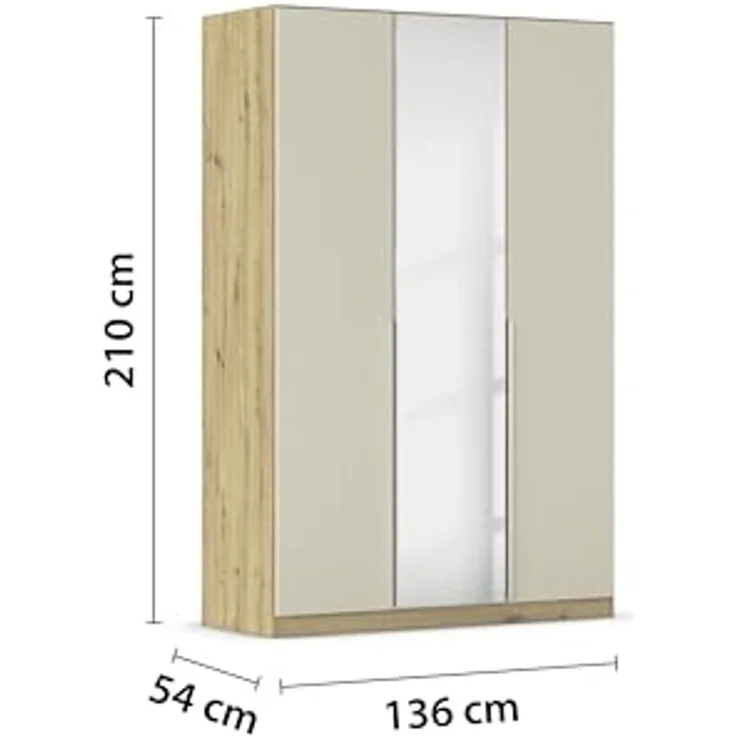 Rauch Möbel Alabama, Kleiderschrank für Schlafzimmer, Kinderzimmer, Wohnzimmer, Garderobe, Flur, 3-türig, Spiegel, mit Zubehör Classic, Farbe Beige/Eiche Artisan. Holz, Breite 136 cm – Bild 3