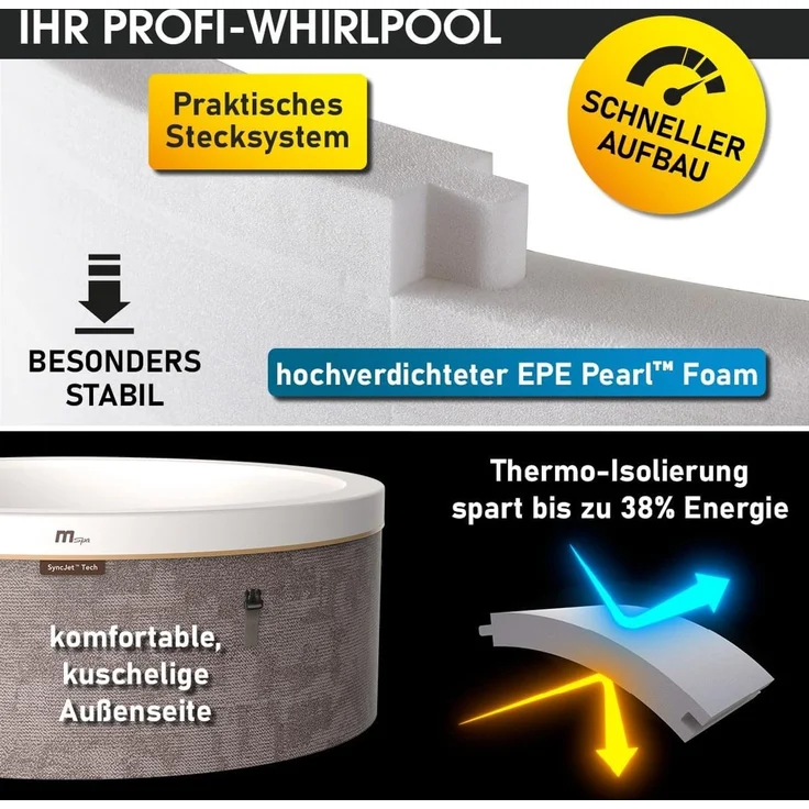 BRAST Whirlpool MSpa Verto-Serie, 5 Modelle, In- Outdoor Pool, Winterfest, (MSpa Cocoon für 6 Personen mit Schaumstruktur, Ø180x65cm, 130 Massagedüsen in 3 Intensitäten), einfache Steuerung per App – Bild 3