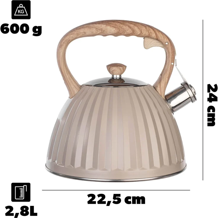 KADAX Wasserkessel 2,8L aus Edelstahl, Teekessel mit Pfeife, abnehmbarem Deckel & hitzebeständigem Griff in Holzoptik, Flötenkessel für alle gängigen Herdarten (Beige) – Bild 3