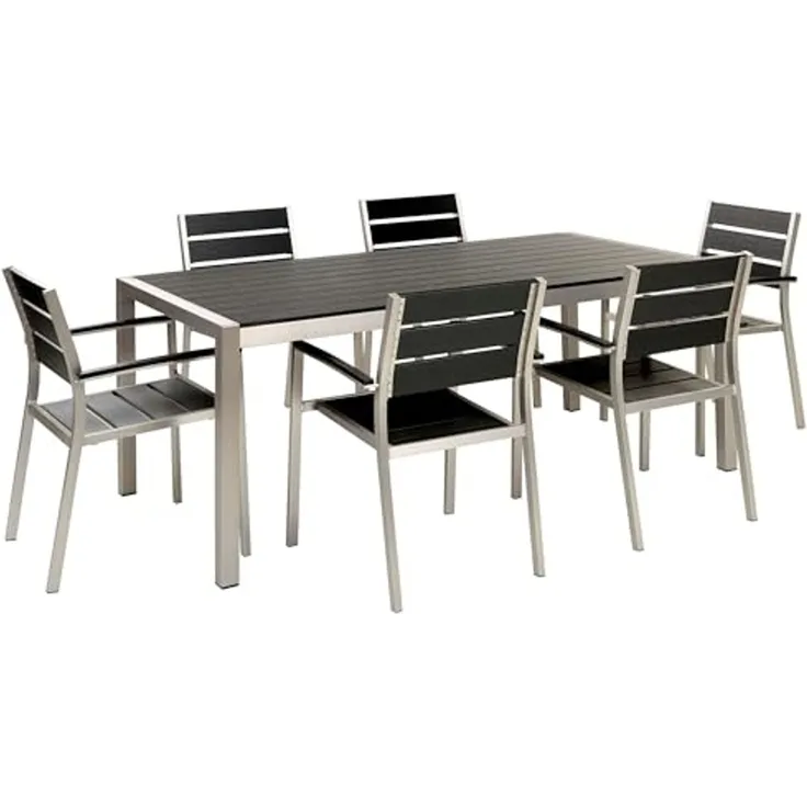 Beliani 'VERNIO' Gartentisch Set, Kunstholz schwarz / silber, 180x90x76 cm