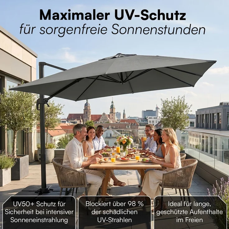 STEELSØN 'Elaris' Premium Sonnenschirm 300x300 cm quadratisch, neigbar und 360-Grad drehbar, anthrazit, Ampelschirm inkl. Hülle, extrem robuste Metall-Stange, 220 g/m² Polyester, UV50+ – Bild 8