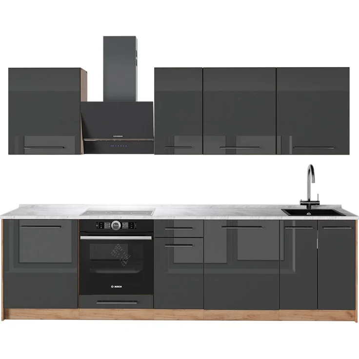 Küchenzeile Fame-Line Anthrazit Hochglanz/Goldkraft Eiche 280 cm, AP Marmor Vicco – Bild 1