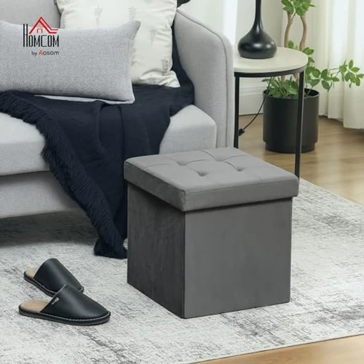 HOMCOM Sitzhocker mit Stauraum Klappbar Hocker mit Deckel (Fußhocker, 1 St, Sitzwürfel), Polsterhocker mit Samtoptik 38 x 38 x 38 cm Grau – Bild 2