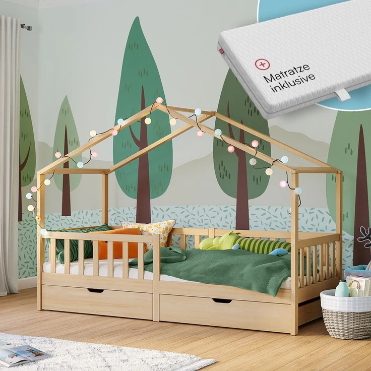 Bellabino 'Bia' Hausbett 90x200 cm mit Matratze und 2 Schubladen, natur, Kiefer Massivholz, Montessori Kinderbett mit Stauraum, inkl. Rausfallschutz und Lattenrost – Bild 1