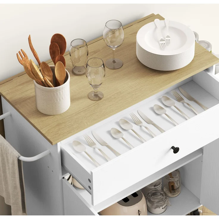 Küchenwagen 106x42x87 cm mit klappbarer Arbeitsplatte, Schublade und Rollen – Weiß – Bild 8
