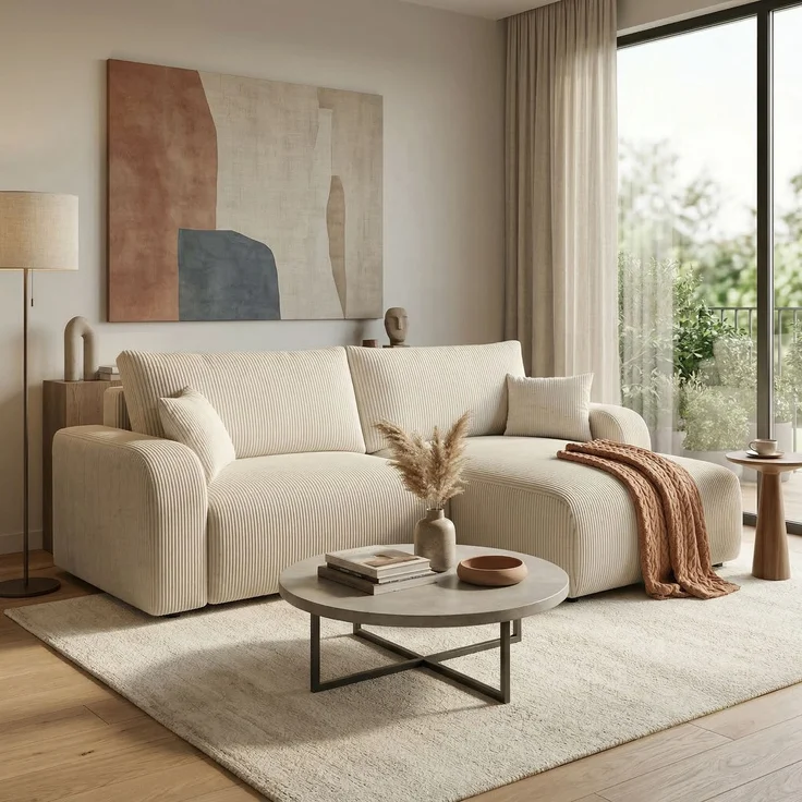 Wohnero24 Habana Mini Ecksofa 248x153 cm mit Schlaffunktion 204x133 cm – Eckcouch mit Bettkasten – Cord Creme Sofa L-Form – Wohnlandschaft Klein – Universal Montierbar – Bild 1
