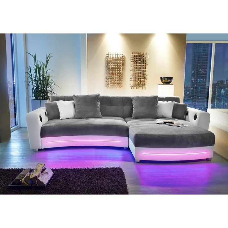 Multimedia-Ecksofa Couch mit RGB-LED Bluetooth Soundsystem USB in Grau / Weiß – Bild 2