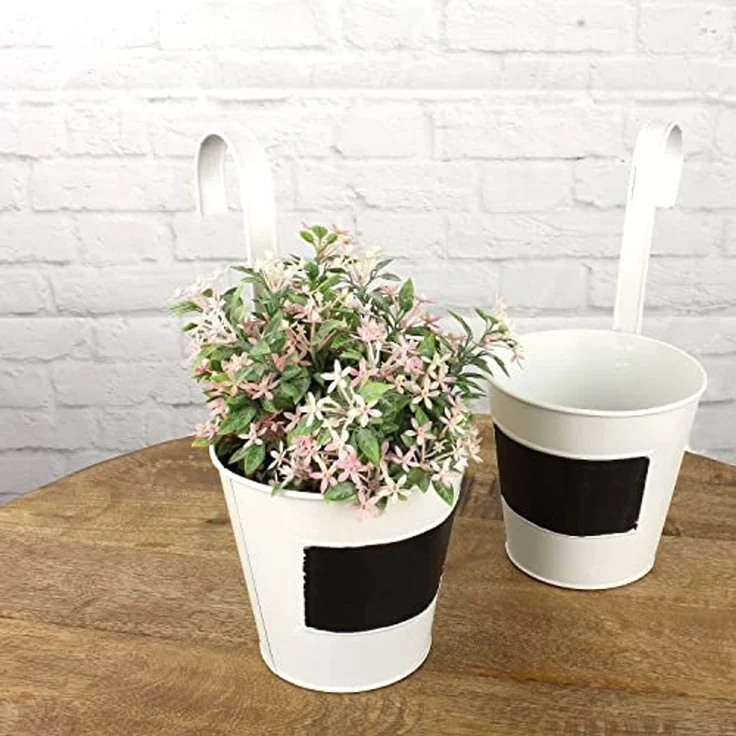 Macosa Home Blumentopf zum hängen 2er Set Metall Weiß Shabby Hängeblumentopf (zum Beschriften, 2 St, Blumenleiter Pflanzgefäß Topf), Balkontopf Blumentopf Geländer Geländertopf – Bild 3