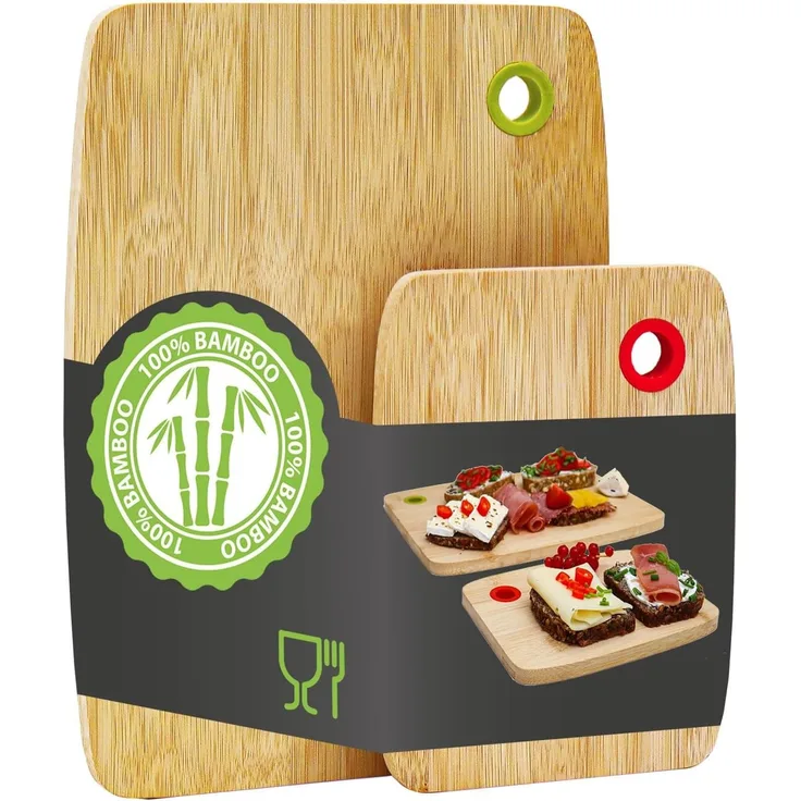 DuneDesign Schneidebrett 2er Set Holz Küchenbrett mit Farb-Ringen 30x22 Bambusbrett Hygienisch, Bambus, Holzbrett für Fleisch & Gemüse - Bambus Brett Beidseitig Verwendbar