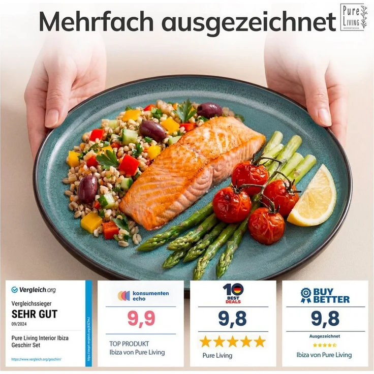 Steingut Teller Groß 6 Personen Ibiza TESTSIEGER, Traumhaftes Mediterranes Steingut Speiseteller Set, Stylisches Essteller Set, Pure Living in Petrol – Bild 3