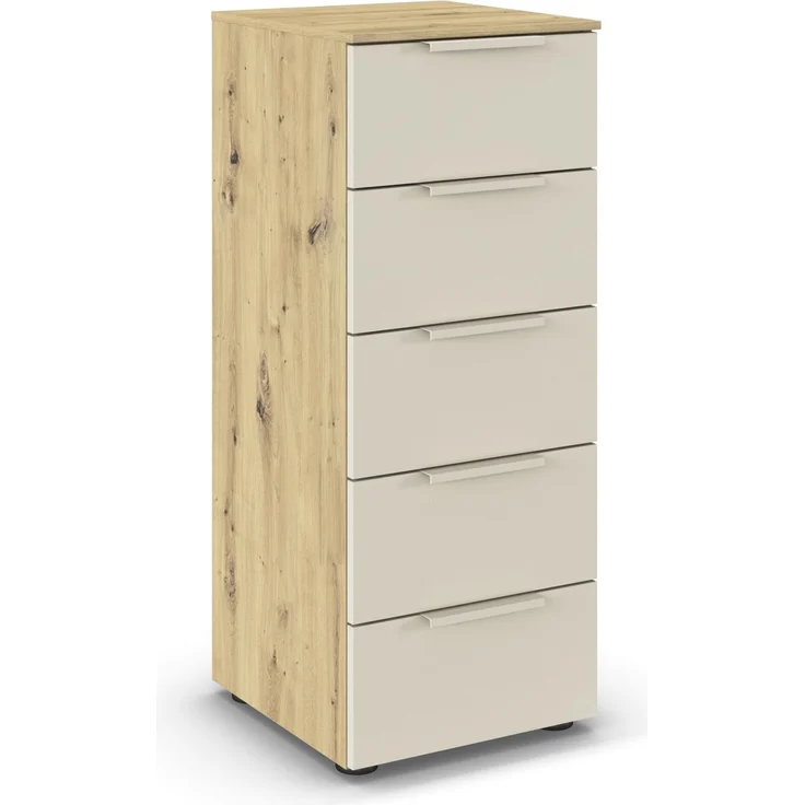 Rauch Möbel Flipp, Kommode für Schlafzimmer, Kinderzimmer, Wohnzimmer, Jugendzimmer, Flur, Garderobe, 5 Schubladen, mit Softclose Funktion, Farbe Eiche Artisan, Holz/Beige, Breite 40 cm