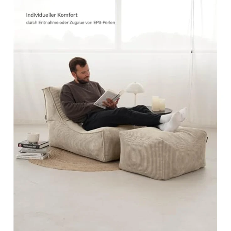 mokebo Sitzsack 'Der Gelassene', Indoor Bean Bag, Cordstoff Beige, 65 x 65 x 100 cm – Bild 7
