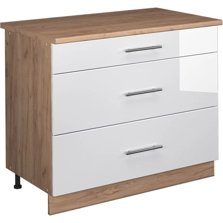 Küchenunterschrank Fame-Line Weiß Hochglanz/Goldkraft Eiche 100 cm, AP Eiche Vicco – Bild 1