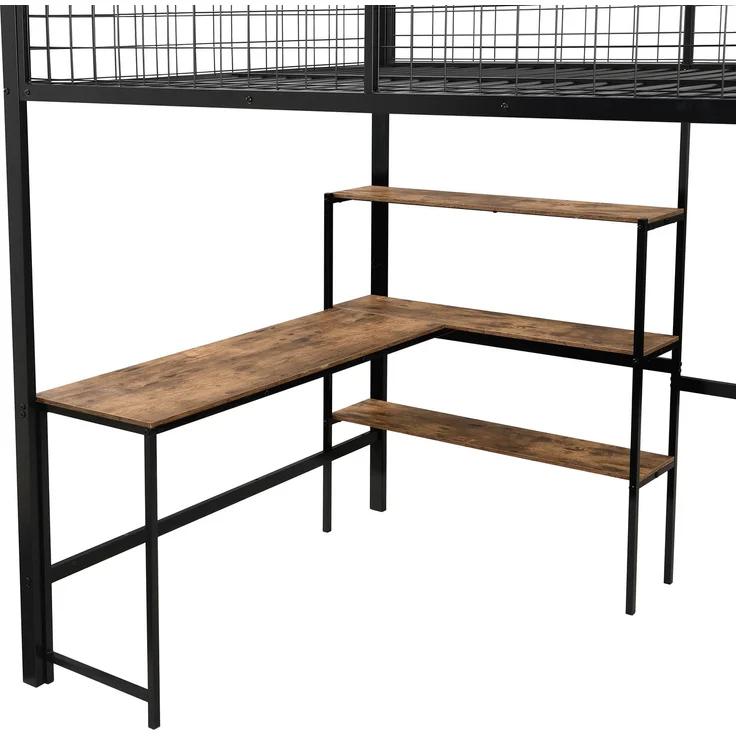 EINHOM Hochbett, 140 x 200 cm, Eisenbett, Ablageleiter, Mehrere Regale, Einbauschrank, Schreibtisch, Schwarz (Ohne Matratze) – Bild 5