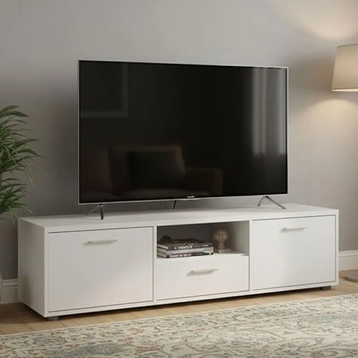 Dmora - Fernsehschrank Fernande, Ständer für Wohnzimmerfernseher, Niedriges Wohnzimmer-Sideboard, TV-Ständerbasis, 147x40 h38 cm, Weiß