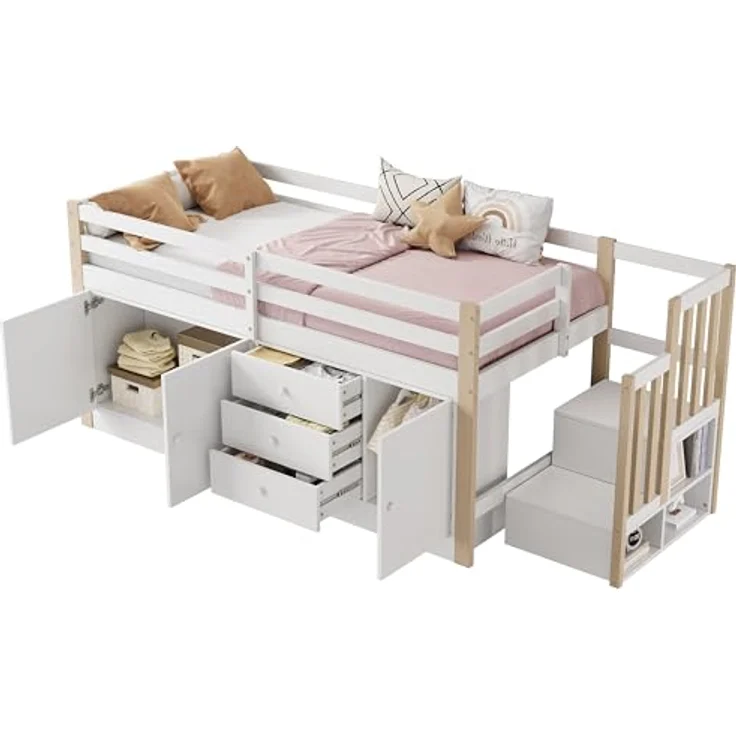 Odikalo Kinderbett Hochbett Einzelbett Schubladen Stauschränken Wäschestange Weiß 90x200 – Bild 5