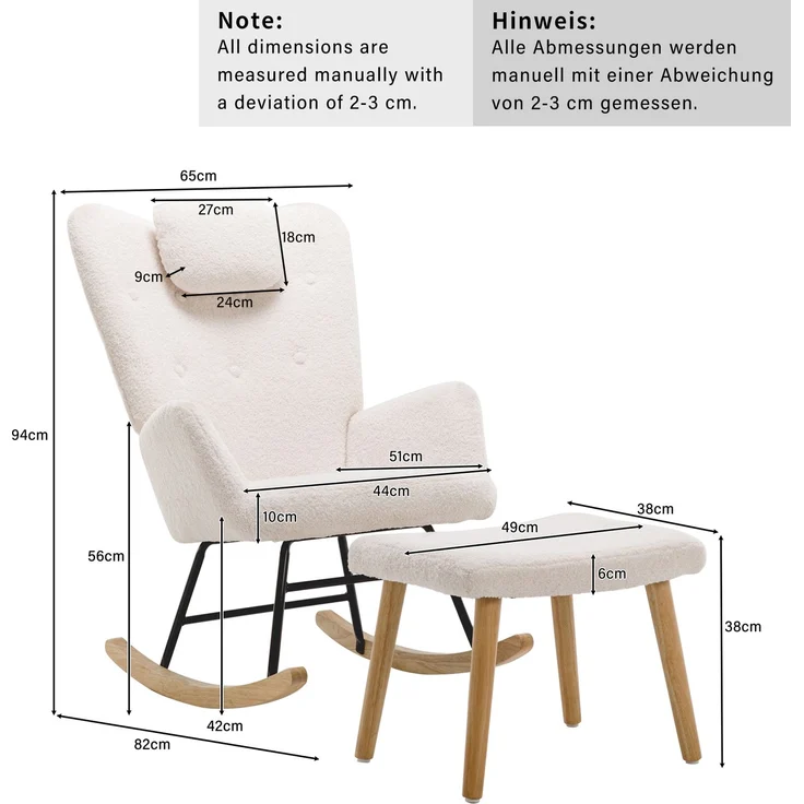 Schaukelstuhl mit Hocker aus Lammfell-Optik, Massivholzrahmen, integrierter Kopfstütze, gemütlicher Relaxstuhl – Bild 9