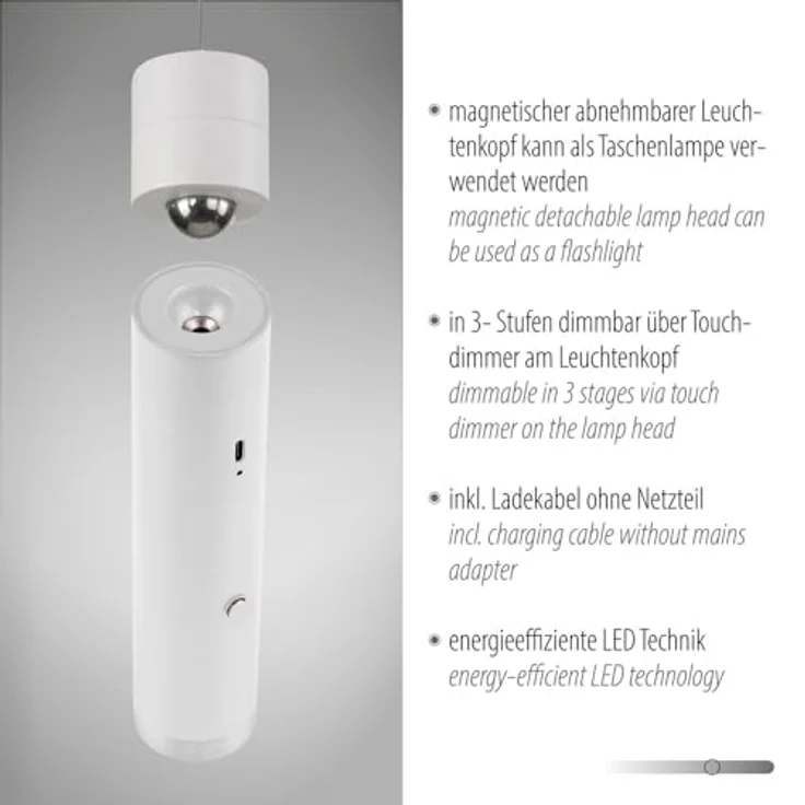 Just Light Attach, Pendelleuchte mit 300 lm, Akku, verstellbarer Höhe, warmweiß, USB-Ladung – Bild 3