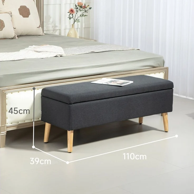 HOMCOM Sitzbank mit Stauraum, Leinenoptik für Flur Schlafzimmer Wohnzimmer (Truhenbank, 1-St, Polsterbank), Gummiholz Dunkelgrau 110 x 39 x 45 cm – Bild 3