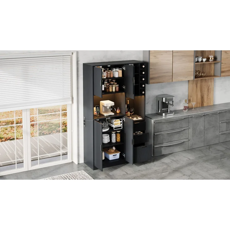 ZUBALIYA Weinschrank 105x40x180 cm, mit LED-Beleuchtung, mit Steckdosen, mit verstellbaren Einlegeböden, aus MDF, Schwarz – Bild 17