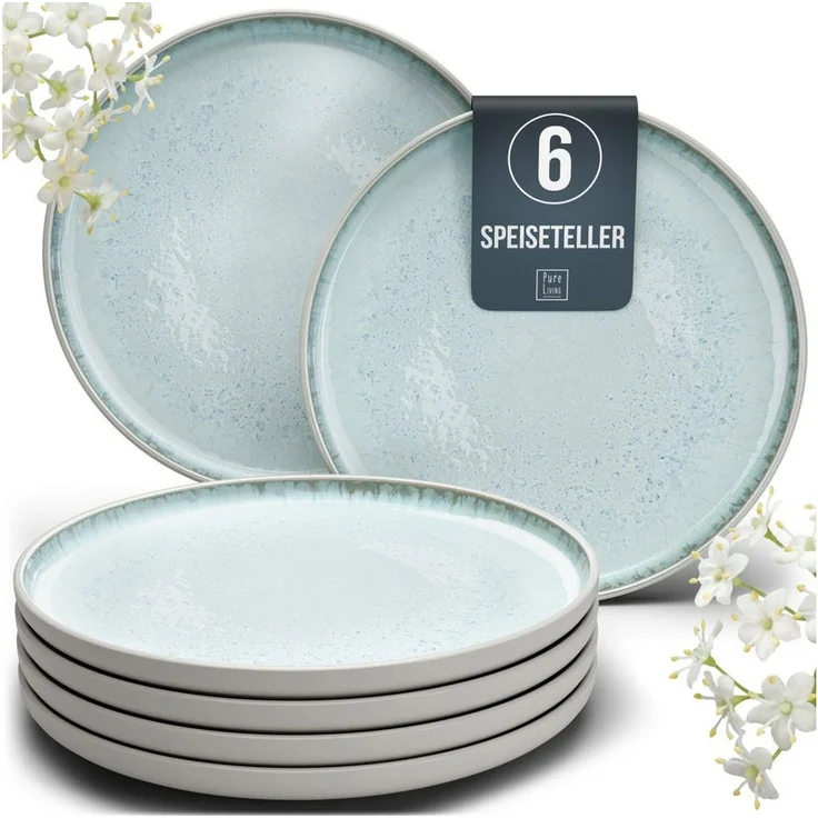 PURE LIVING INTERIOR DESIGN Geschirr-Set Ibiza Speisseteller, Dinnerteller, 6er-Set, 26 cm, Beige Blau (6-tlg), 6 Personen, Steingut – Bild 1