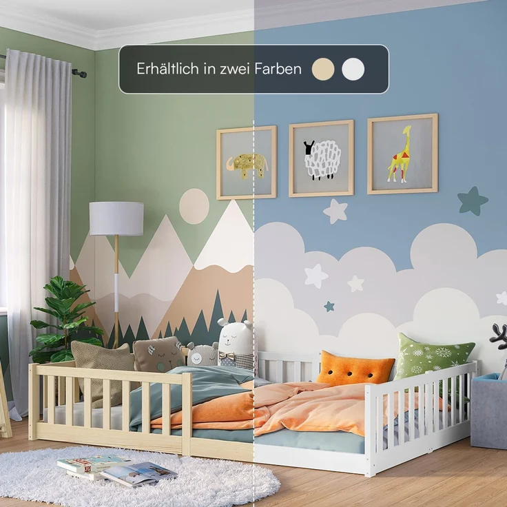 Bellabino 'Vere' Bodenbett 140x200 cm mit Matratze, weiß, Massivholz Kiefer, Montessori Kinderbett mit Rausfallschutz und Lattenrost – Bild 9