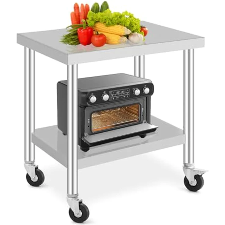 GarveeHome Arbeitstisch aus Edelstahl für Lebensmittelzubereitung, höhenverstellbar mit 3 Stufen, 4 Lenkrollen (2 gebremst), Maße 91x60 cm, ideal für gewerbliche Küchen, Restaurants & Catering – Bild 1
