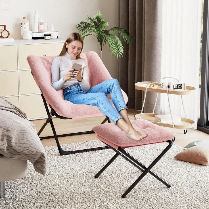 Relaxsessel Ohrensessel Klappsessel Kaninchenfell Rosa – Bild 8