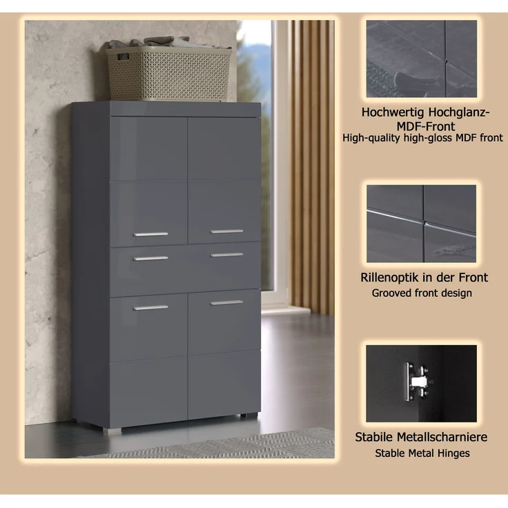 Trendteam 'Amanda' Midischrank, Holz, 132 x 31 x 73 cm, Grau Hochglanz – Bild 15