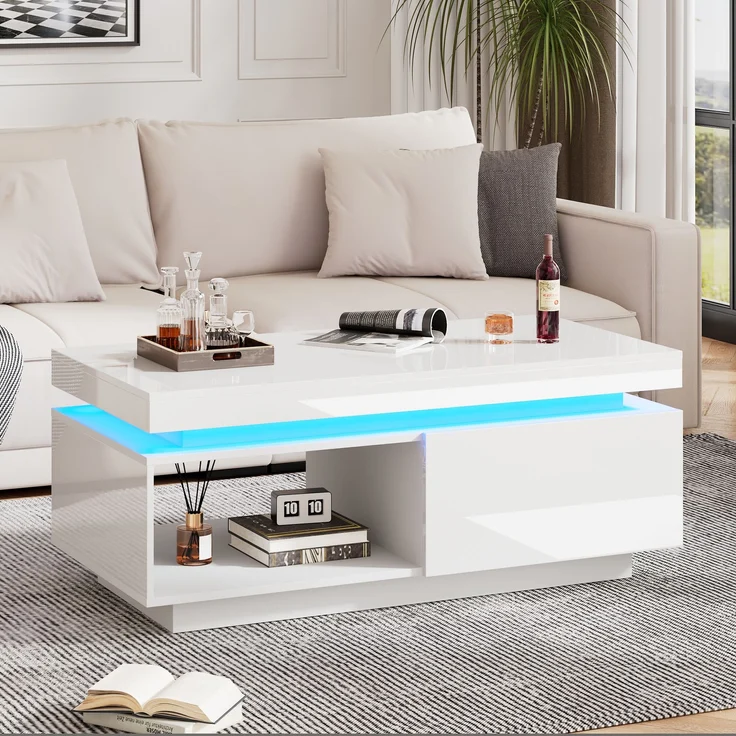 Couchtisch 100x50x40,3 cm mit LED-Beleuchtung und Schublade in Hochglanz-Weiß – Bild 4