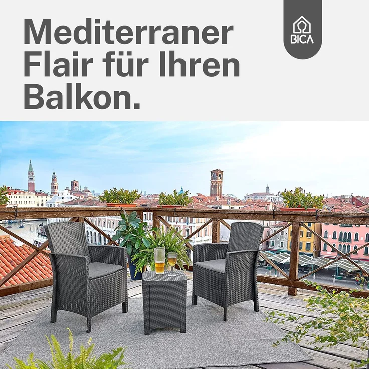 BICA Lido Balkonset 3-teilig, 2 Sessel, Beistelltisch und Sitzkissen, Graphit, Gartenmöbel-Set, Wetterfest – Bild 6