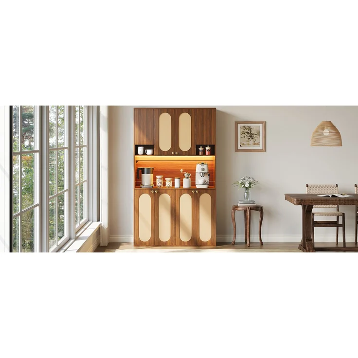 ZUBALIYA Sideboard (106 x 40 x 178 cm), LED - Beleuchtung, Gedämpftes Schließen, Fronten in Flechtoptik, Naturfarben – Bild 7