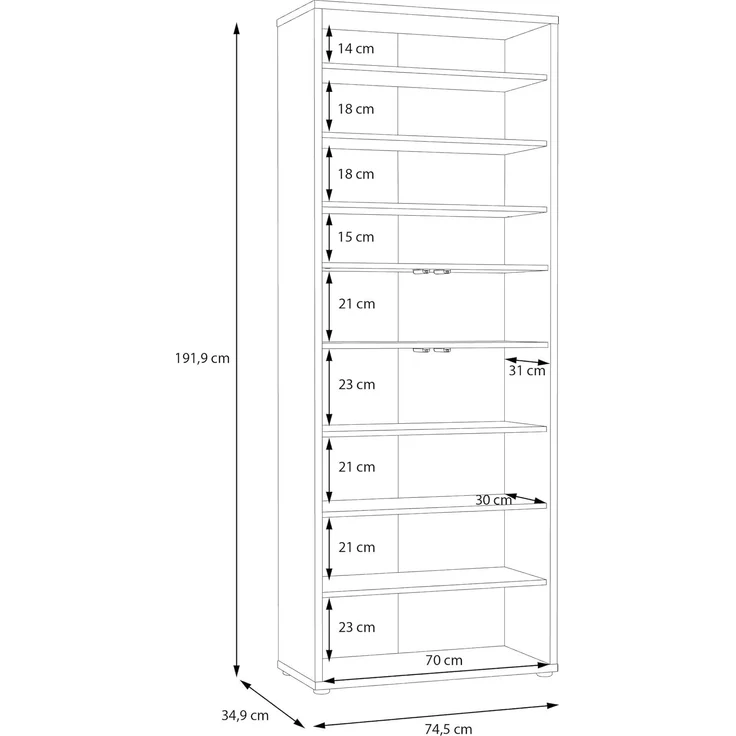 Forte ALICE SPRINGS Schuhschrank 70 80, moderner Flurschrank mit 4 Türen und 8 Einlegeböden, Holzwerkstoff, Grey / Artisan Eiche Holzdekor, 74,5 cm breit x 191,9 cm hoch x 34,9 cm tief – Bild 8