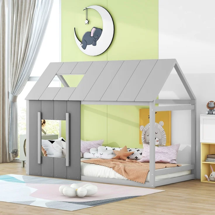 Kinderbett 90x200 cm in Hausform, Montessori Bett mit Dach und Fenster,offenes Design zum Dekorieren, Grau – Bild 4